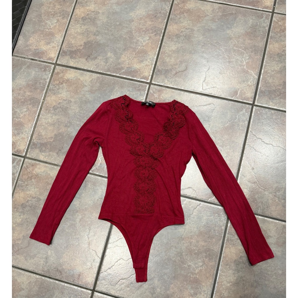 Lulus Wine Red Ribbed Lace Trim Long Sleeve Bodysuit Small